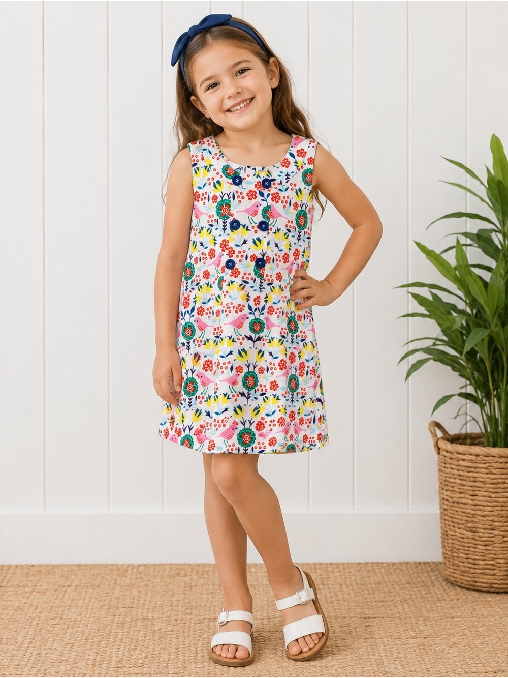 Girls Floral Bird Print Sleeveless Dress Size 4/5